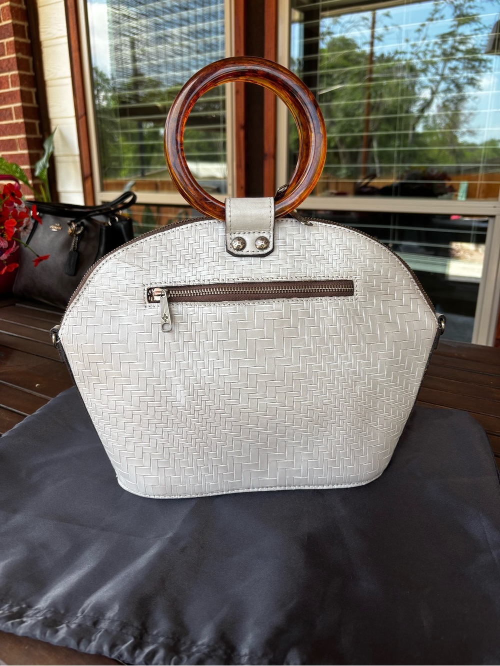Patricia Nash Asphalt Gray Woven Leather Satchel Tortoise Handle Bag
